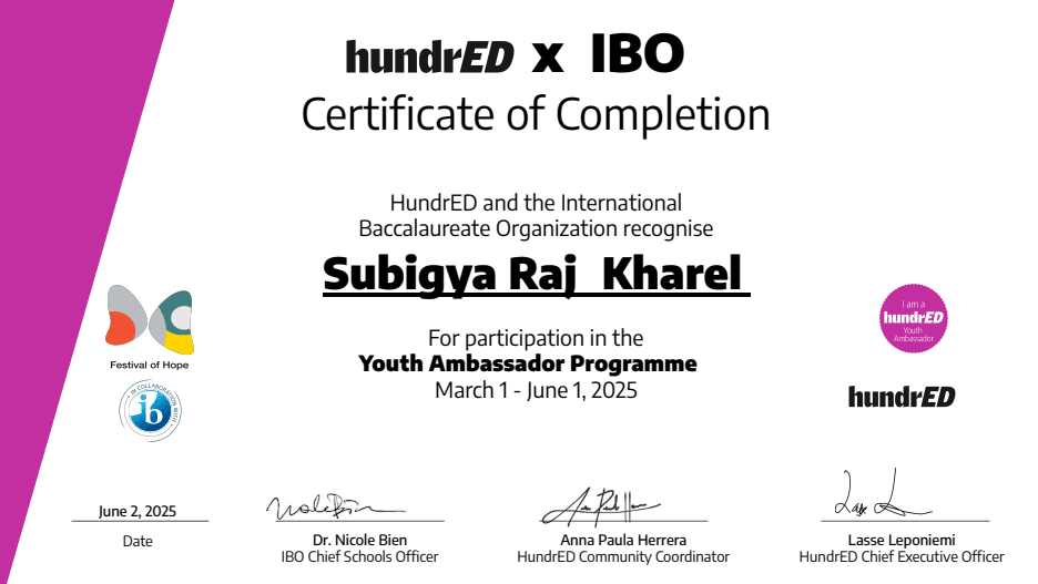HUNDrED youth ambassador certificate awarded to Subigya Raj Kharel