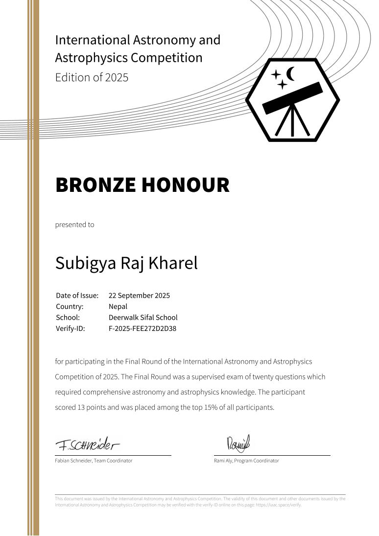 IAAC bronze honor certificate awarded to Subigya Raj Kharel