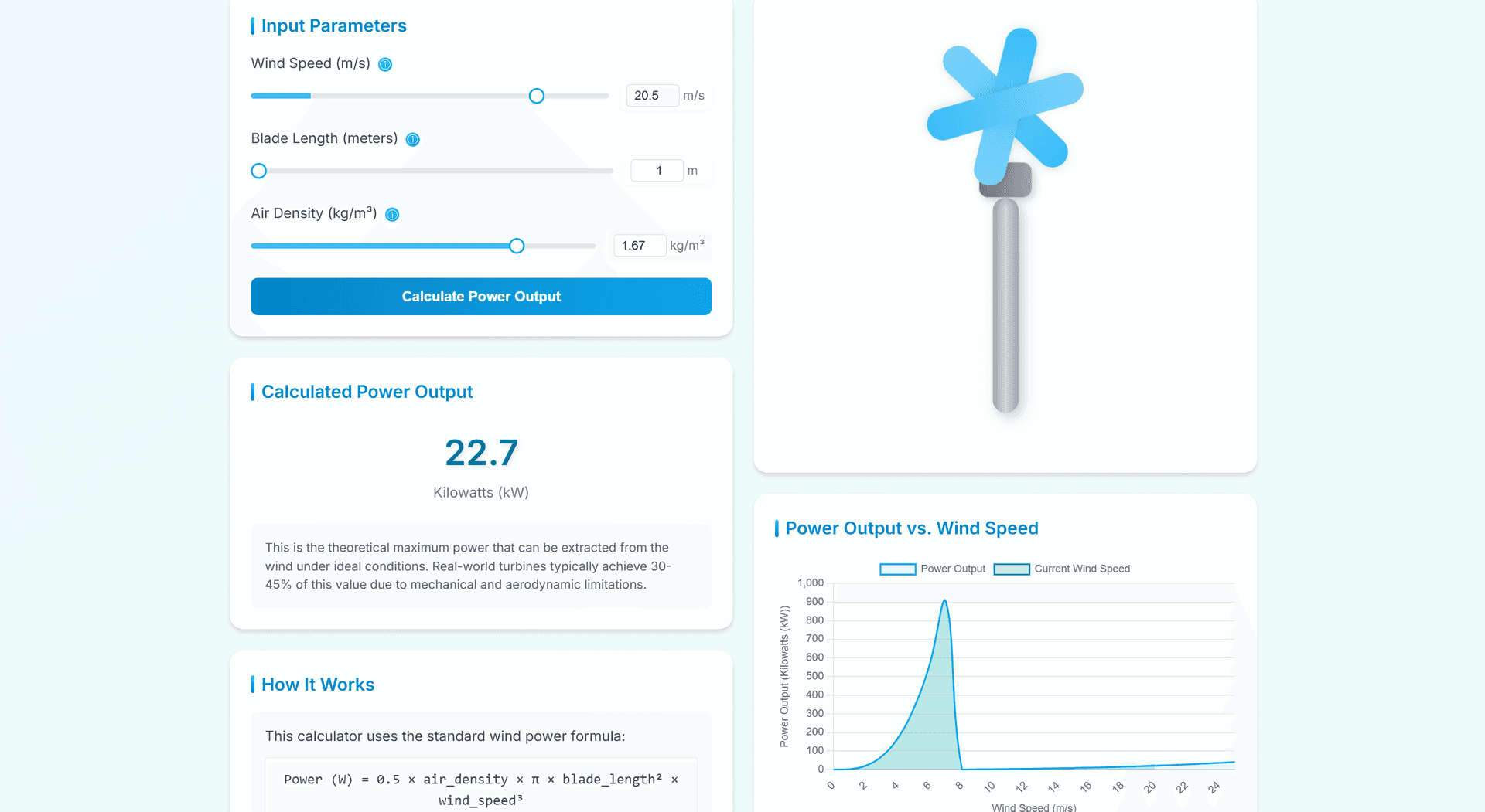 Wind turbine simulation interface showing power calculation controls and output