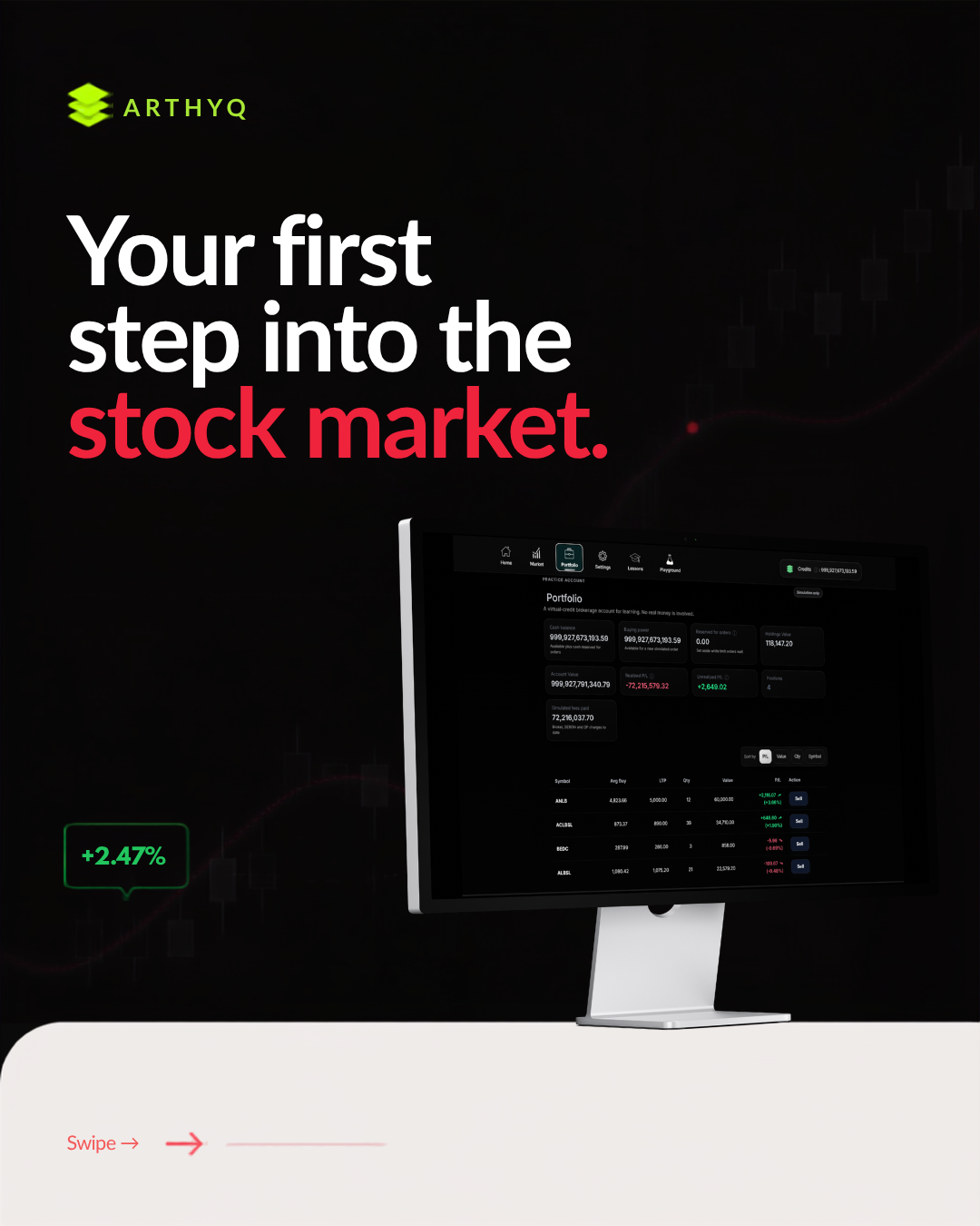Arthyq artwork: Your first step into the stock market, with a portfolio screen.
