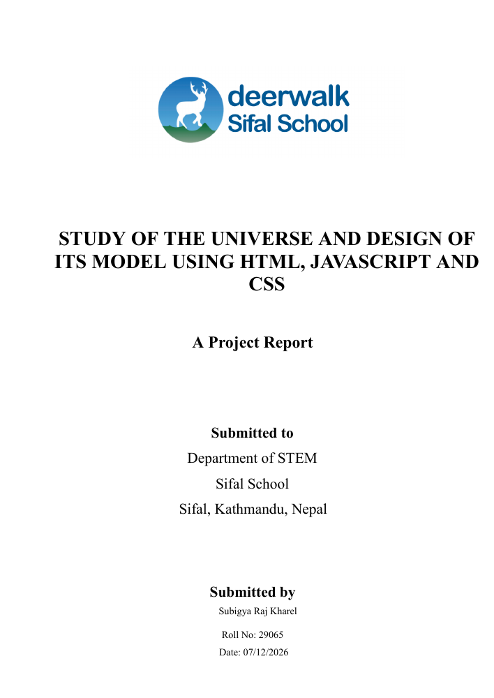 First page of Study of the Universe and Design of Its Model Using HTML, JavaScript and CSS